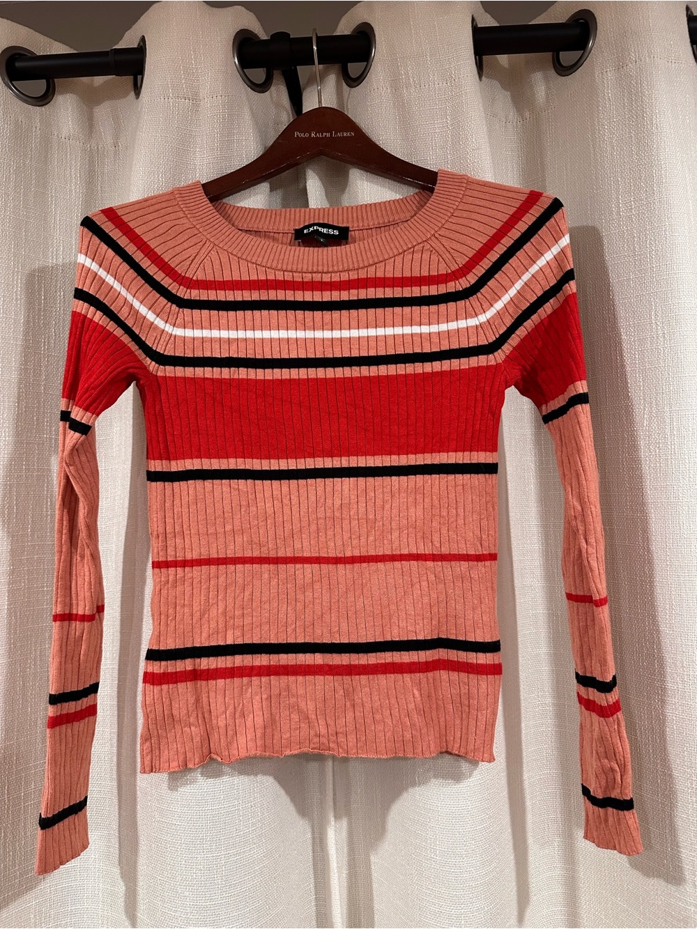 Express Ribbed Long-Sleeve Striped Top - Peach & Red